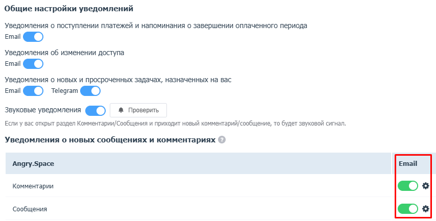 Уведомления на email
